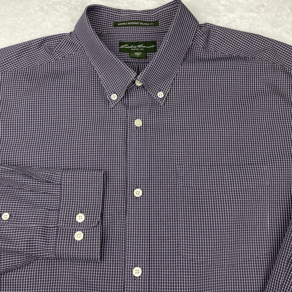 Eddie Bauer Mens Shirt XL Purple/White Checks‎ Relaxed Fit Wrinkle Resistant